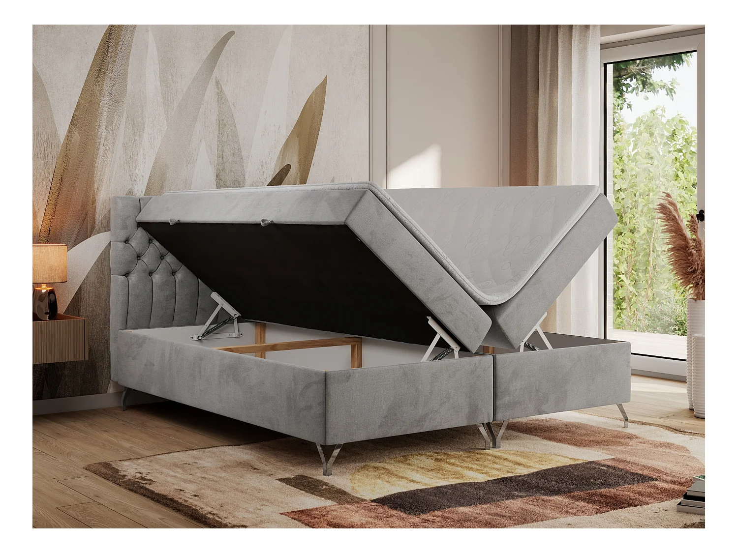 Boxspringbett GRIMALDI mit zwei Bettkästen, gesteppter Kopfstütze, Metallfüßen - 140x200 cm - H4 - Hellgrau Velvet
