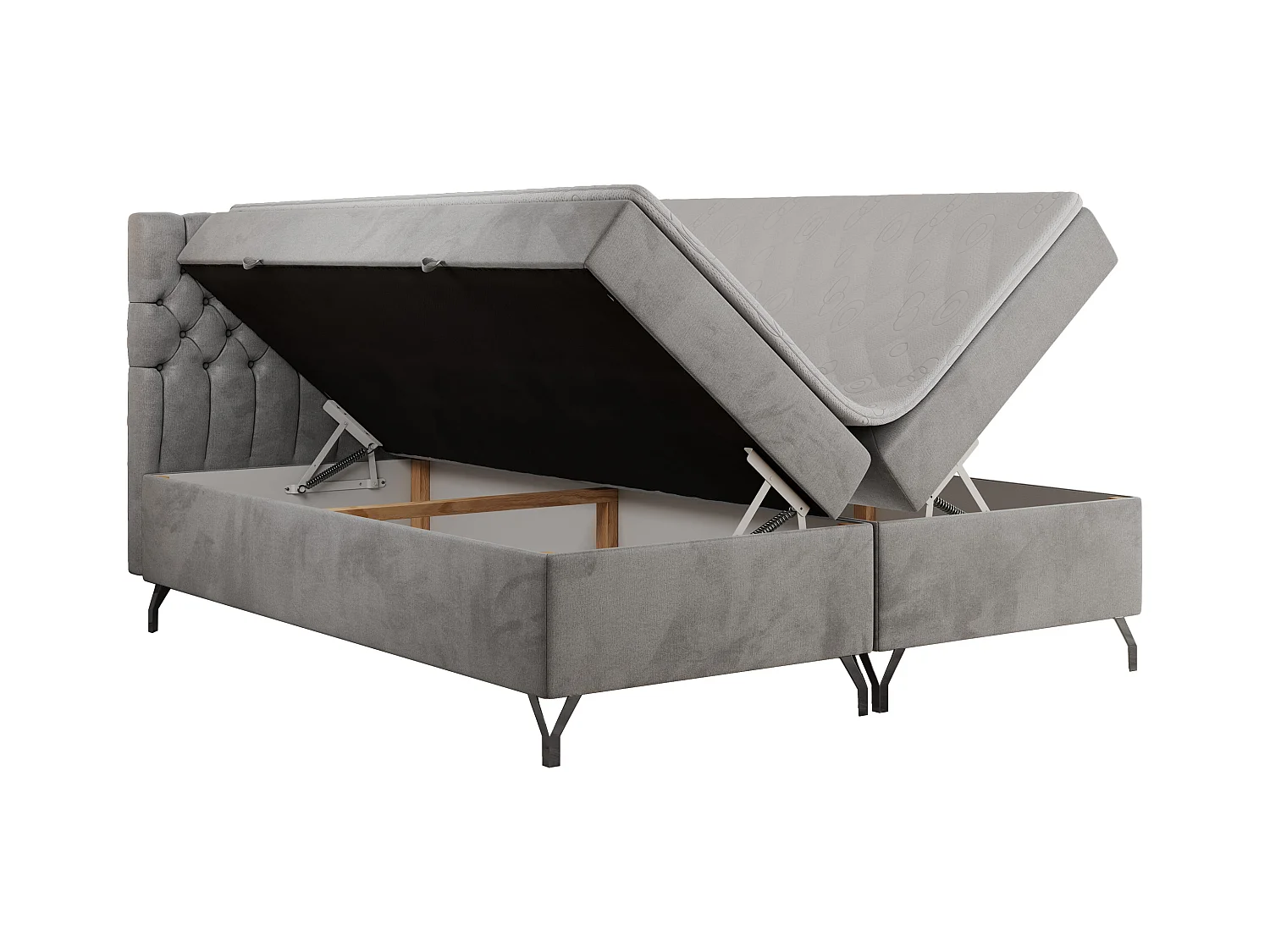 Boxspringbett GRIMALDI mit zwei Bettkästen, gesteppter Kopfstütze, Metallfüßen - 140x200 cm - H4 - Hellgrau Velvet