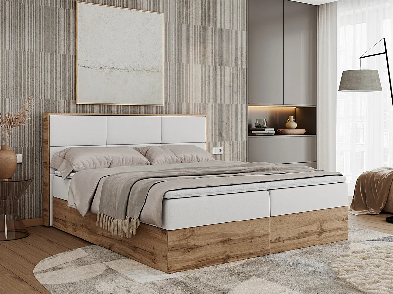 Boxspringbett ALBERO 2 mit Topper und Multipocket-Matratze, Stauraum, Holzrahmen - 160x200 cm - H4 - Weiß Kunstleder