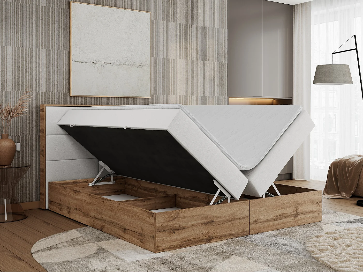 Boxspringbett ALBERO 2 mit Topper und Multipocket-Matratze, Stauraum, Holzrahmen - 160x200 cm - H4 - Weiß Kunstleder