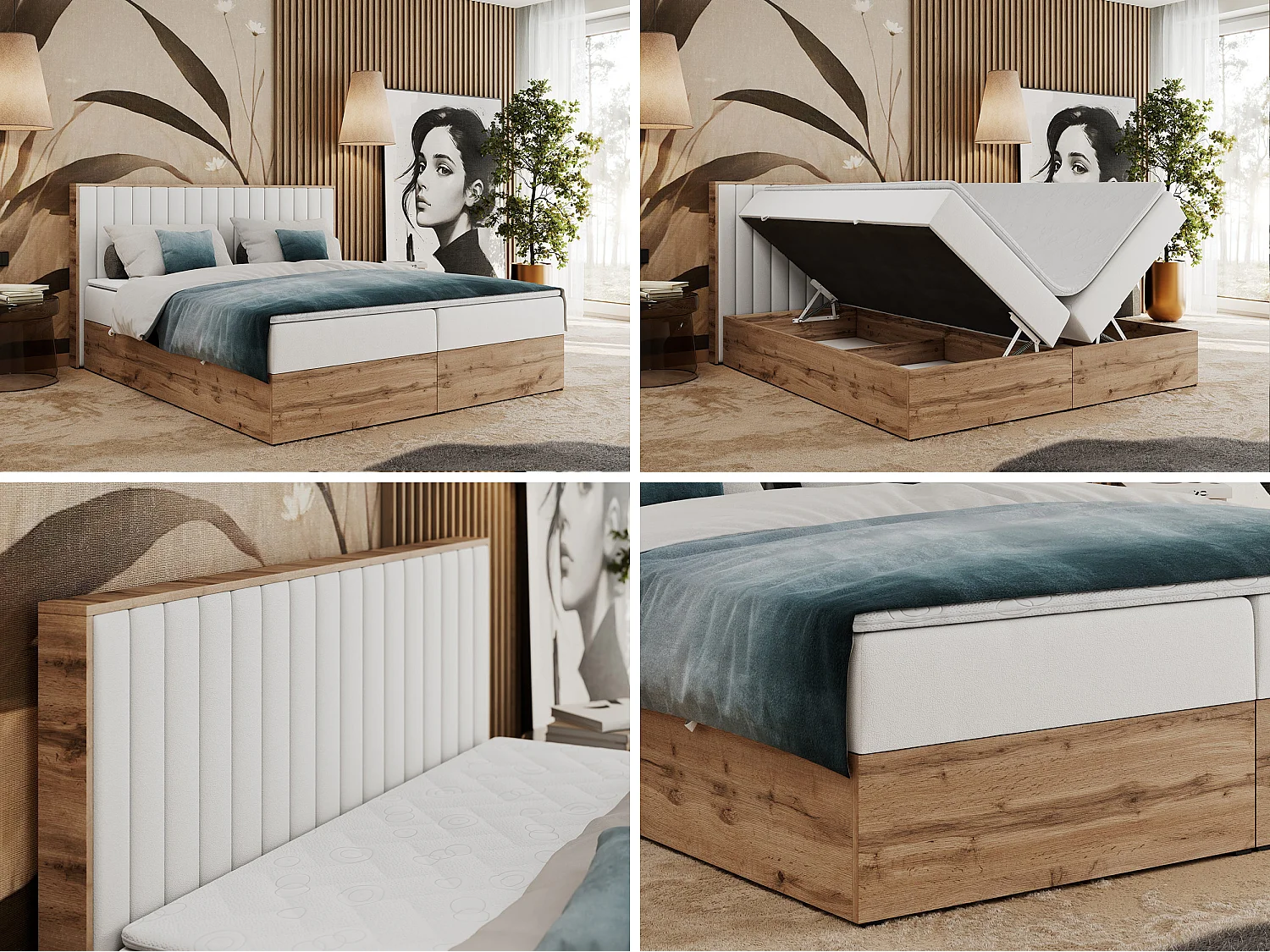 Boxspringbett ALBERO 4, Eiche Wotan Holzrahmen, mit Stauraum, genähtes Kopfteil - 140x200 cm - H4 - Weiß Kunstleder