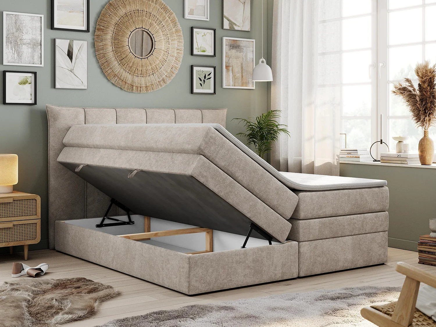 Boxspringbett PREMIUM 10 KING, Doppelbett mit Stauraum, gesteppte Kopfstütze, Multipocket-Matratze - 120x200 cm - H4 - Beige Strukture