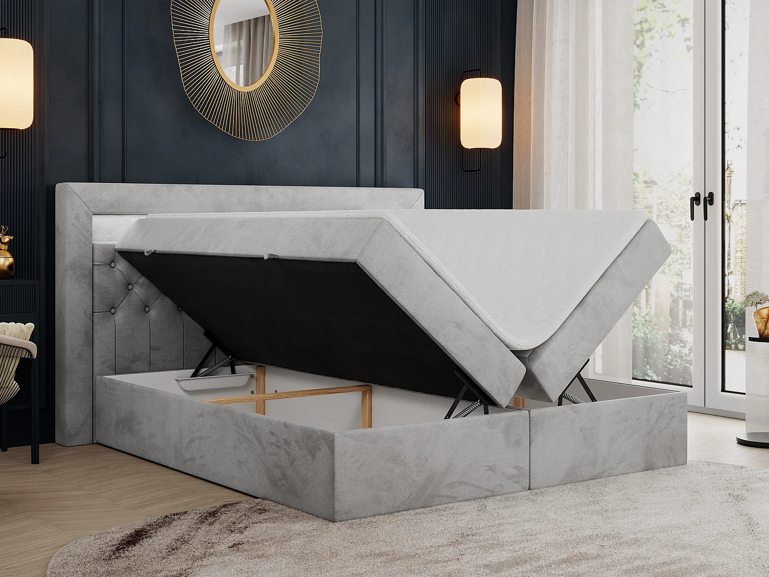 Boxspringbett GOLD 6, Doppelbett mit Stauraum, LED-Beleuchtung, gesteppte Kopfstütze - 160x200 cm - H3 - Hellgrau Velvet