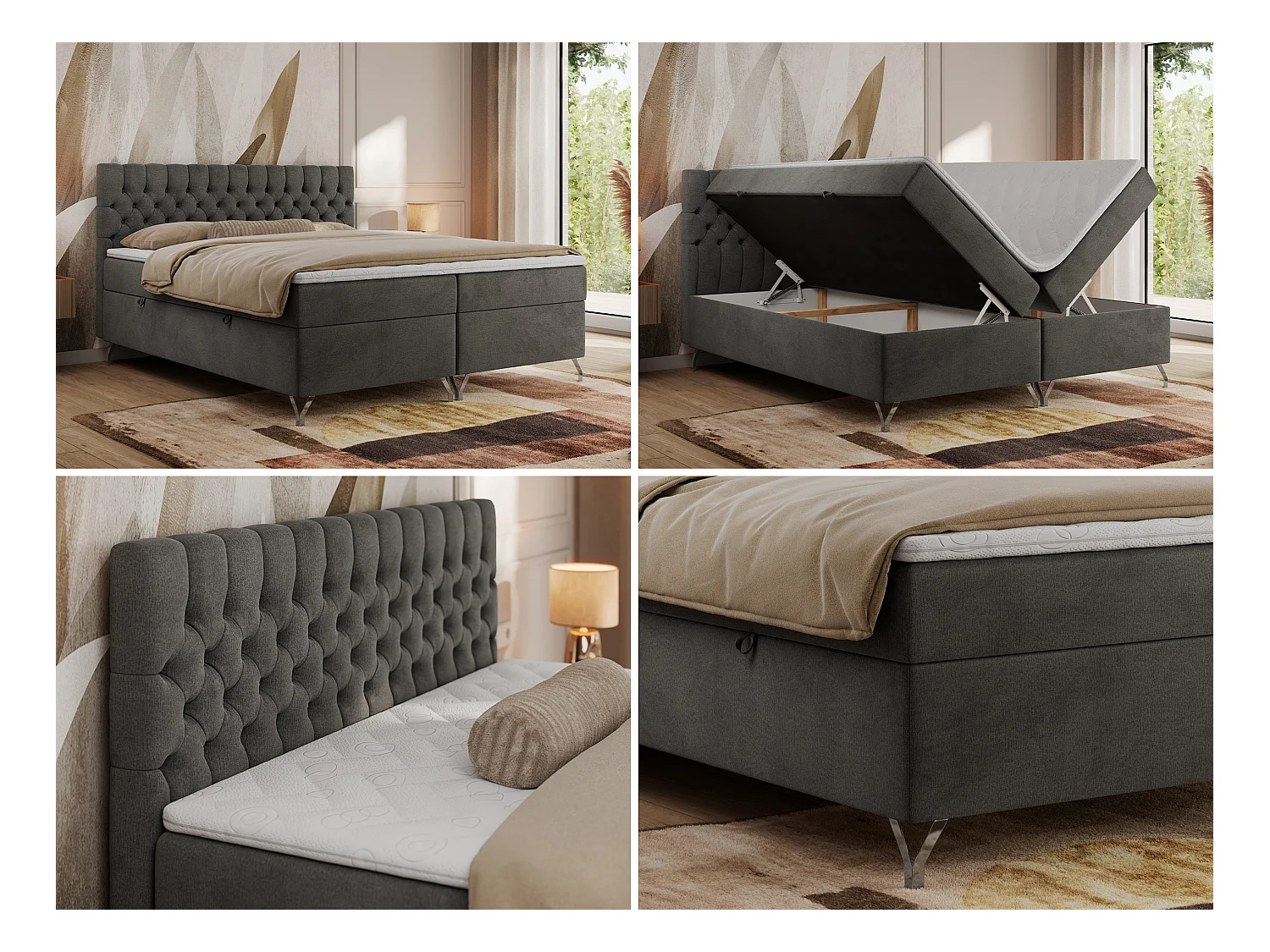 Boxspringbett GRIMALDI mit zwei Bettkästen, gesteppter Kopfstütze, Metallfüßen - 160x200 cm - H3 - Dunkelgrau Velvet