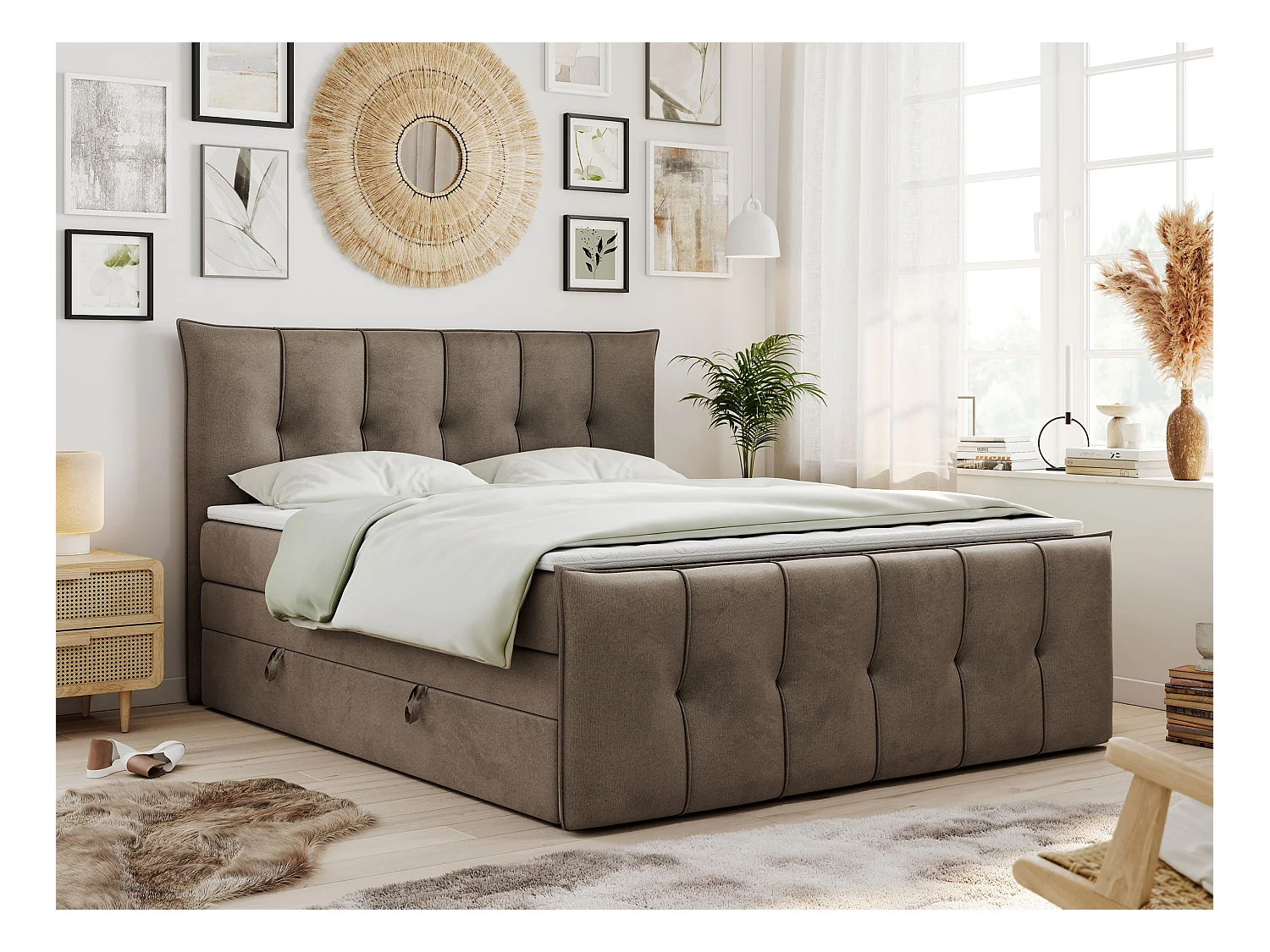 Boxspringbett PREMIUM 11 KING mit Stauraum, gestepptes Kopfteil, zwei Multipocket-Matratzen - 200x200 cm - H4 - Braun Velvet