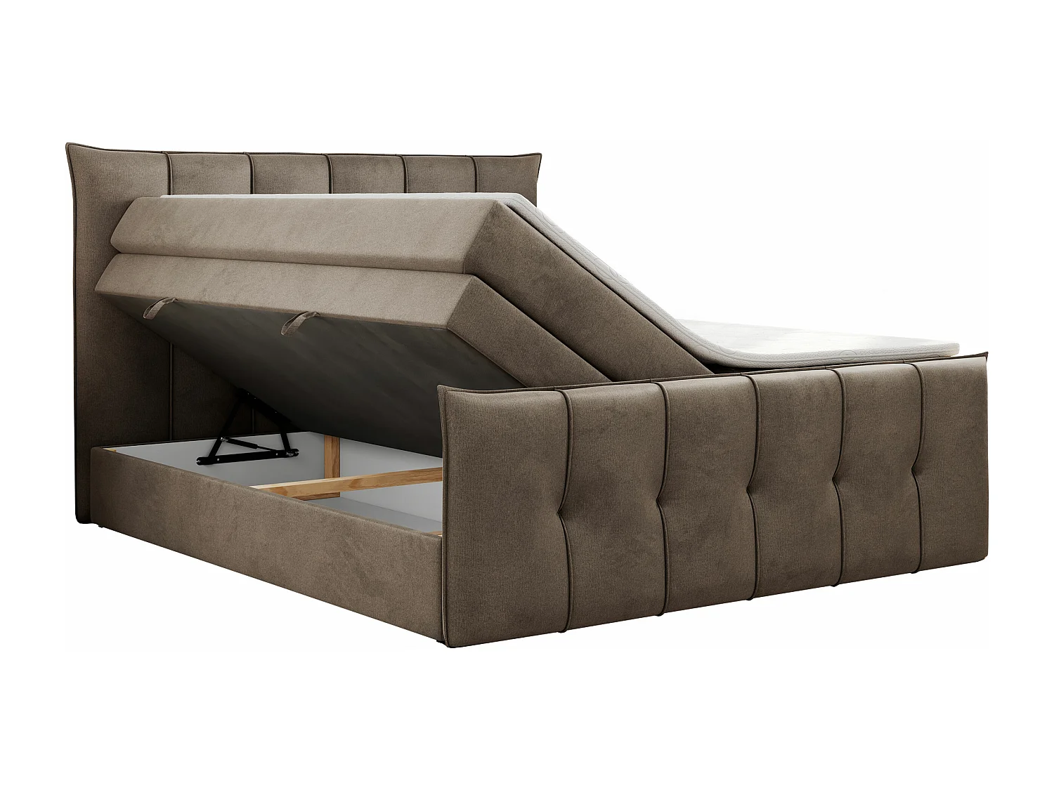 Boxspringbett PREMIUM 11 KING mit Stauraum, gestepptes Kopfteil, zwei Multipocket-Matratzen - 200x200 cm - H4 - Braun Velvet