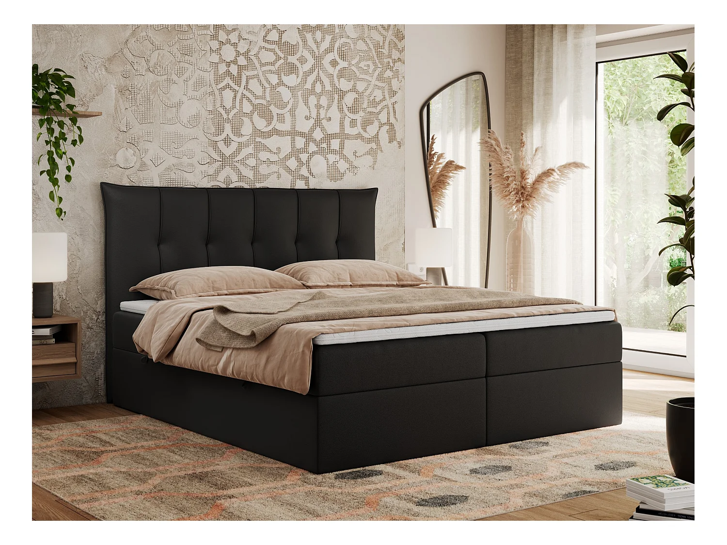 Boxspringbett PREMIUM 10 mit Multipocket-Matratze, gesteppte Kopfstütze, zwei Bettkästen - 200x200 cm - H3 - Schwarz Kunstleder