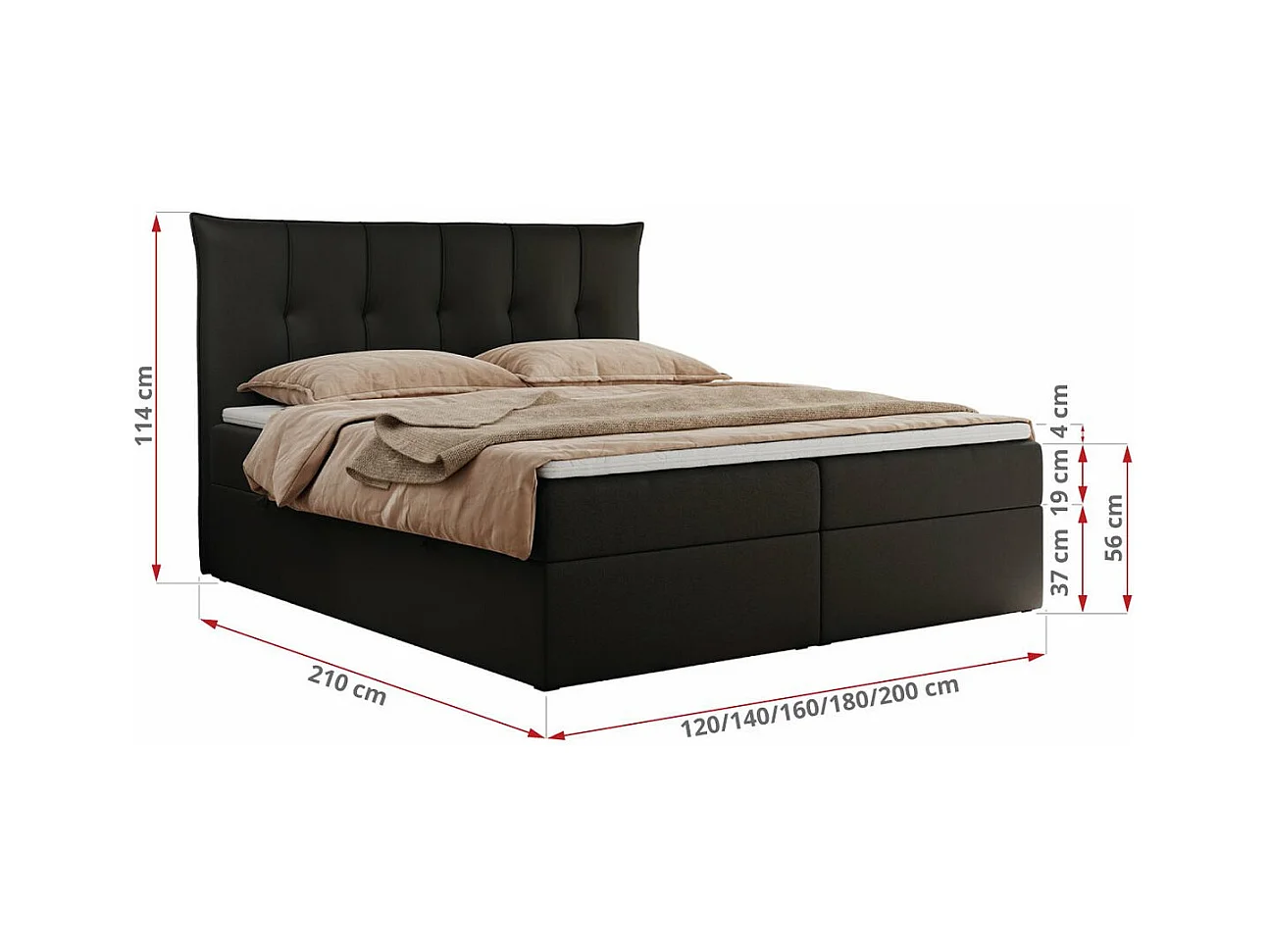 Boxspringbett PREMIUM 10 mit Multipocket-Matratze, gesteppte Kopfstütze, zwei Bettkästen - 200x200 cm - H3 - Schwarz Kunstleder