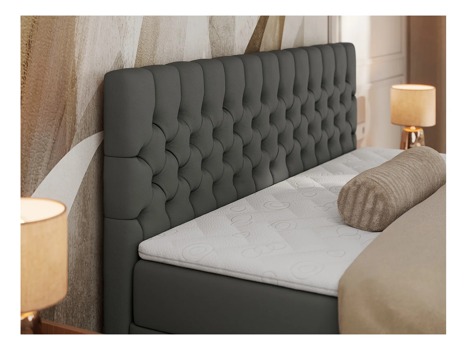 Boxspringbett GRIMALDI mit zwei Bettkästen, gesteppter Kopfstütze, Metallfüßen - 180x200 cm - H3 - Dunkelgrau Kunstleder