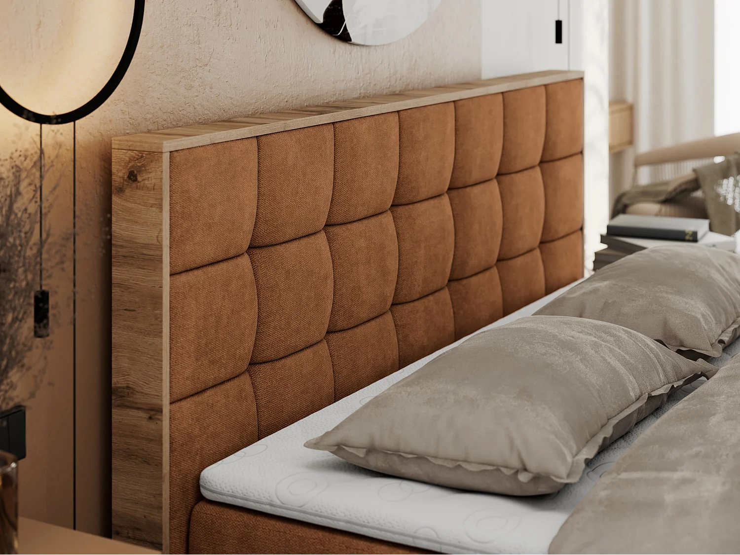 Boxspringbett ALBERO 1, Polsterbett mit gestepptem Kopfteil, Multipocket-Matratze - 120x200 cm - H4 - Orange Strukture