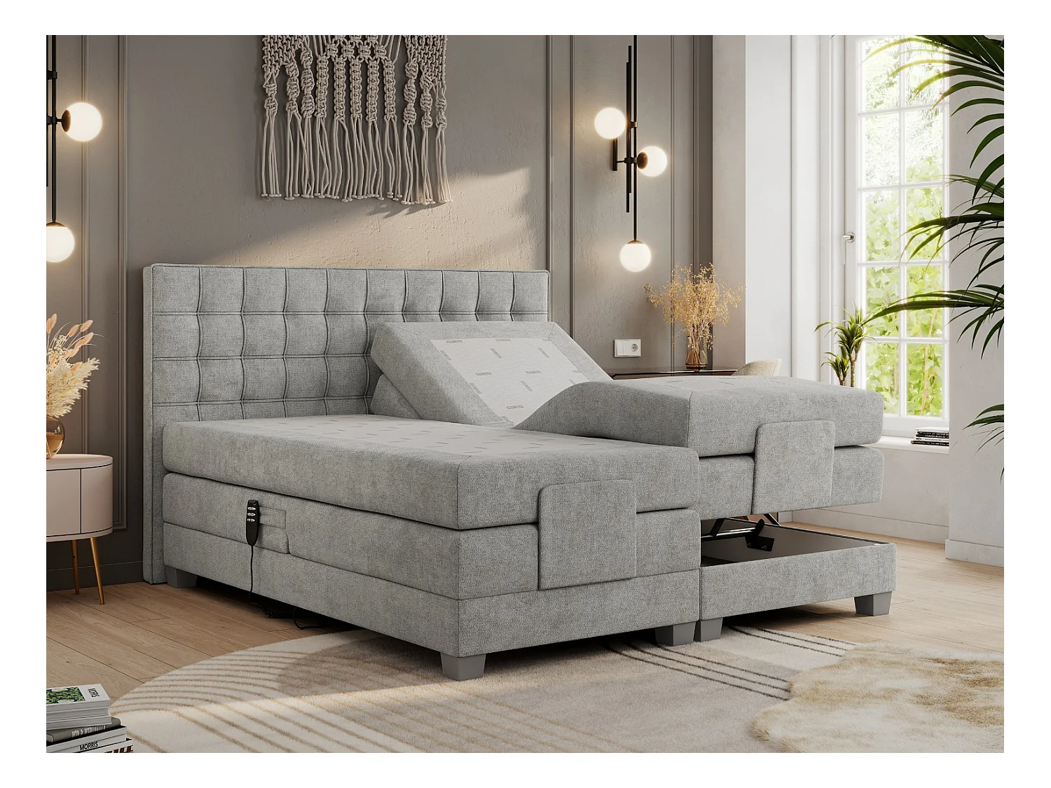 Boxspringbett ELEKTRO mit Multipocket-Matratze, Elektrisch verstellbare, genähtes Kopfteil - 140x200 cm - H3 - Hellgrau Strukture