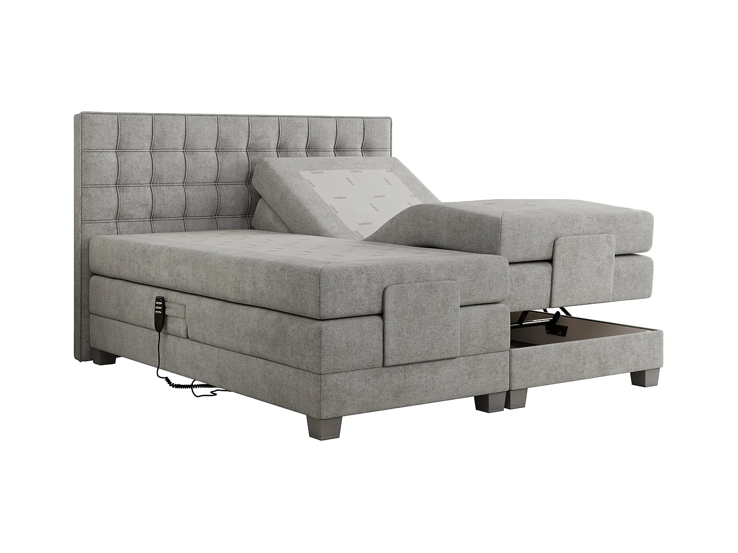 Boxspringbett ELEKTRO mit Multipocket-Matratze, Elektrisch verstellbare, genähtes Kopfteil - 140x200 cm - H3 - Hellgrau Strukture