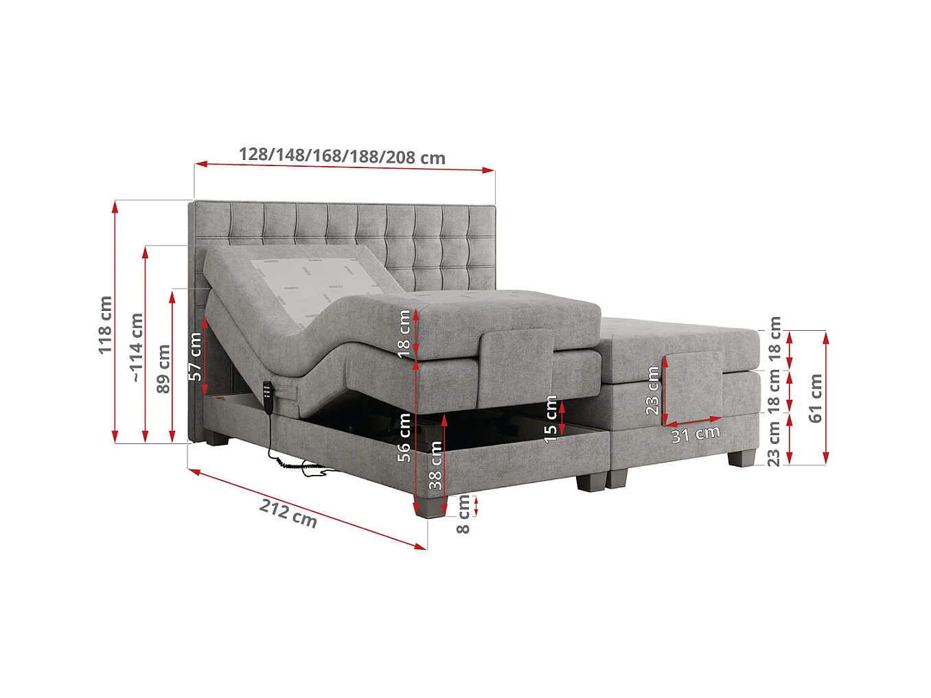 Boxspringbett ELEKTRO mit Multipocket-Matratze, Elektrisch verstellbare, genähtes Kopfteil - 140x200 cm - H3 - Hellgrau Strukture
