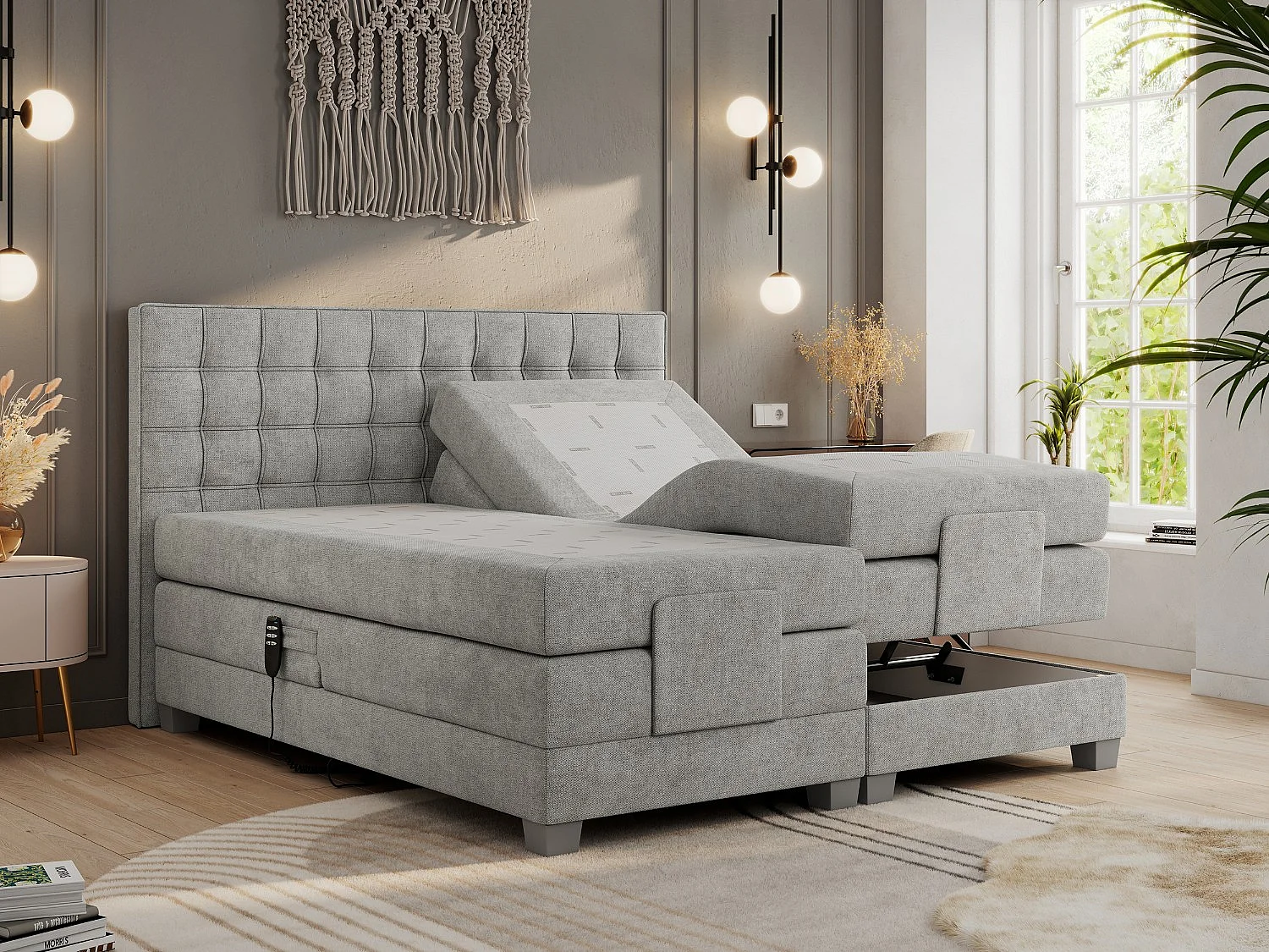 Boxspringbett ELEKTRO mit Multipocket-Matratze, Elektrisch verstellbare, genähtes Kopfteil - 140x200 cm - H3 - Hellgrau Strukture