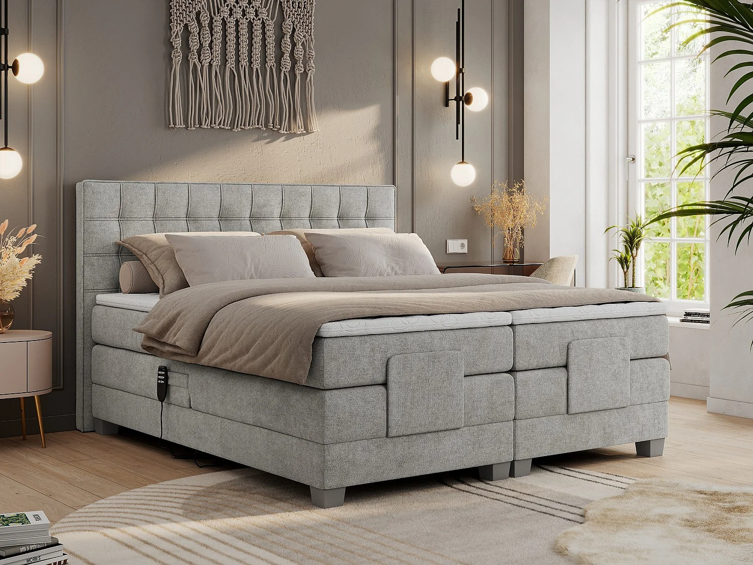 Boxspringbett ELEKTRO mit Multipocket-Matratze, Elektrisch verstellbare, genähtes Kopfteil - 140x200 cm - H3 - Hellgrau Strukture