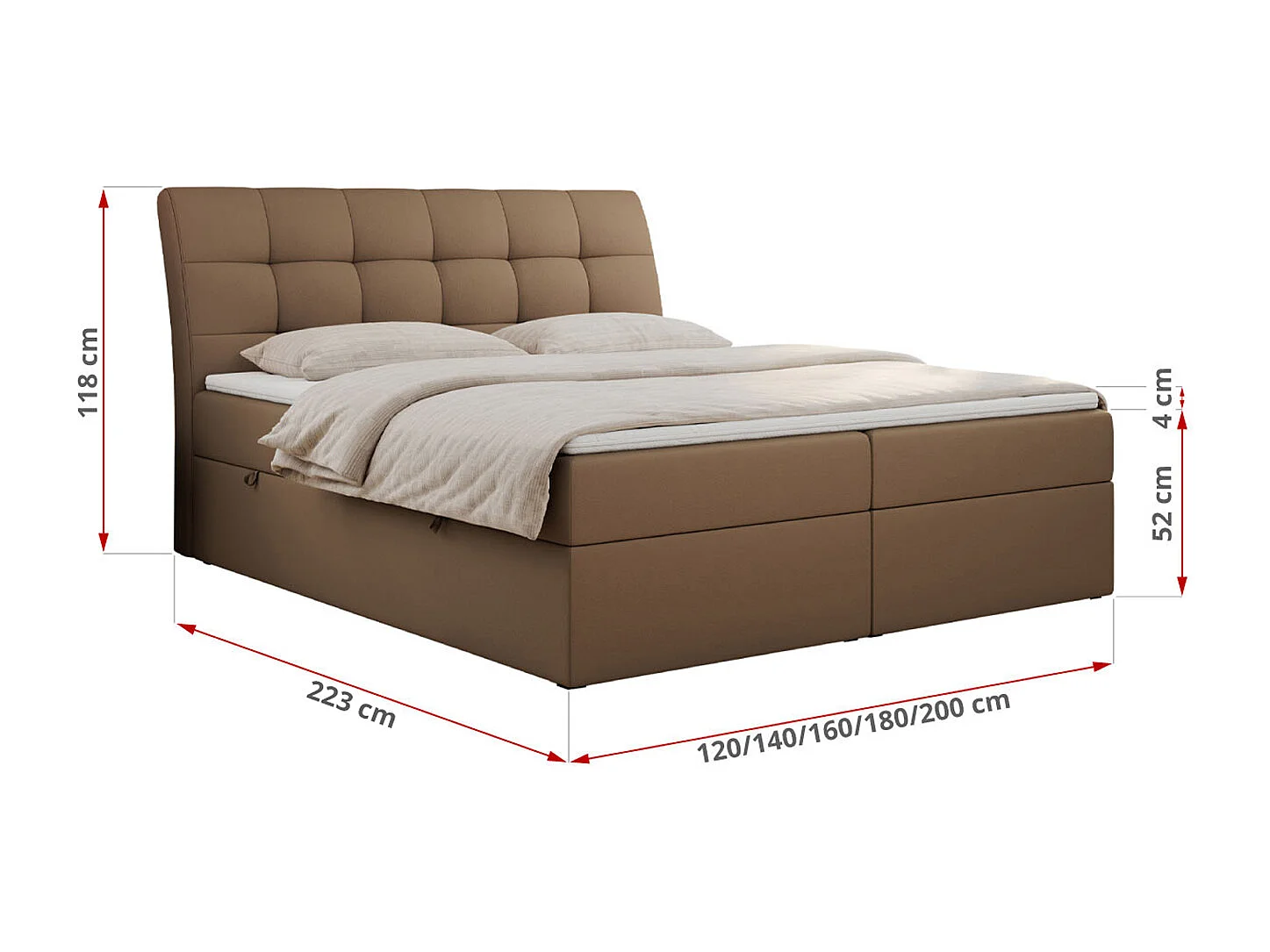 Boxspringbett DIEGOS mit Stauraum, gestepptem Kopfteil, Multipocket-Matratze - 140x200 cm - H4 - Braun Kunstleder