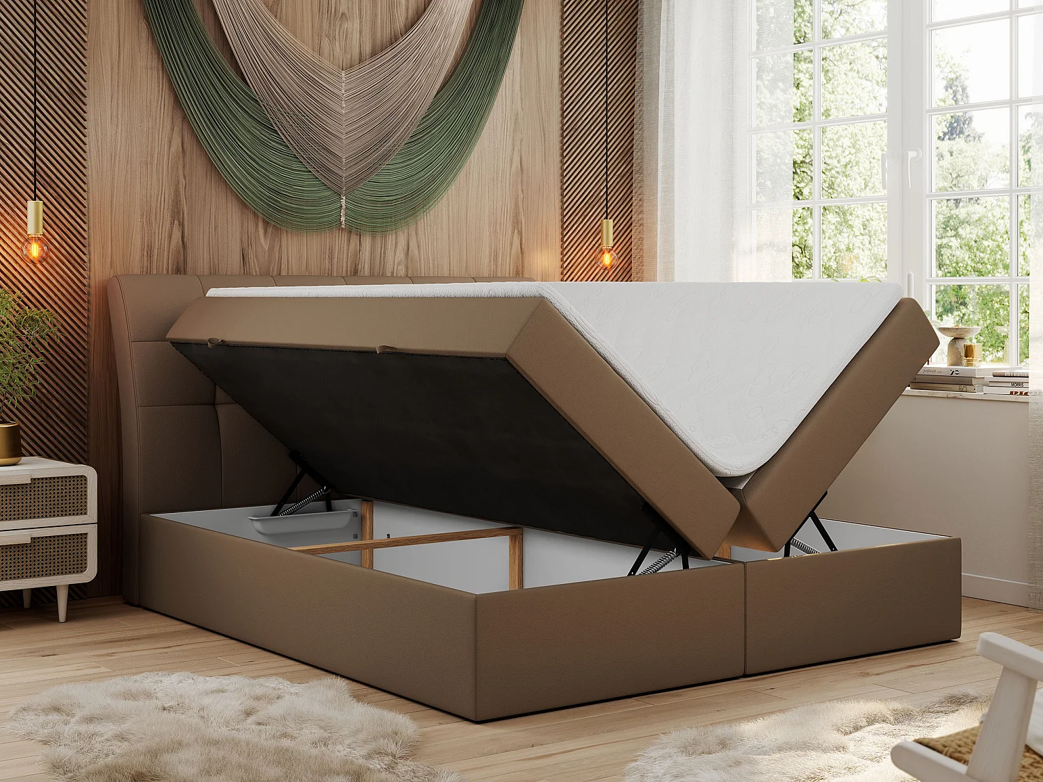 Boxspringbett DIEGOS mit Stauraum, gestepptem Kopfteil, Multipocket-Matratze - 140x200 cm - H4 - Braun Kunstleder