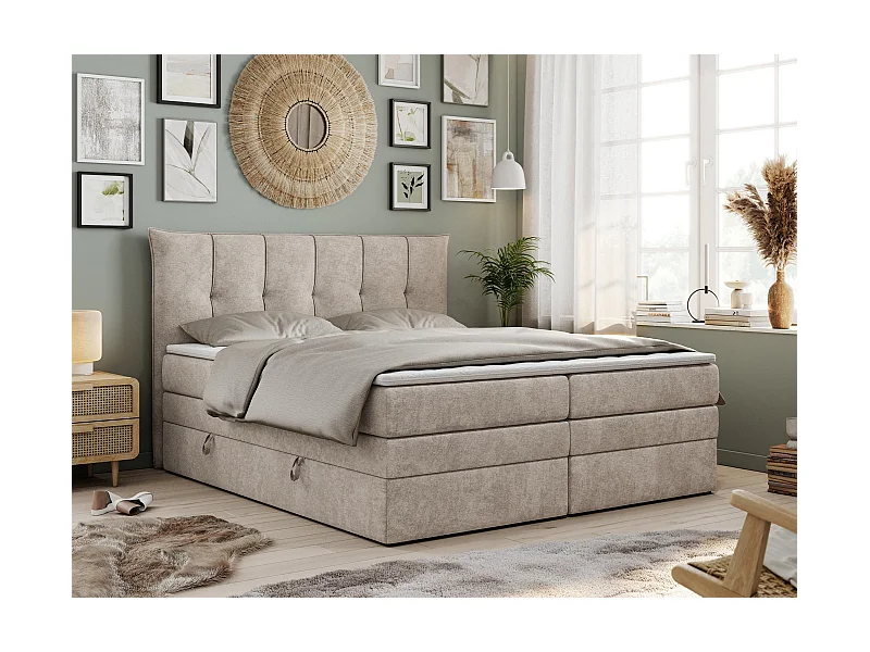 Boxspringbett PREMIUM 10 KING, Doppelbett mit Stauraum, gesteppte Kopfstütze, Multipocket-Matratze - 180x200 cm - H4 - Beige Strukture