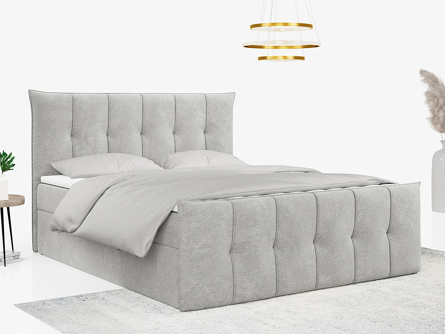 Boxspringbett PREMIUM 11 mit Stauraum, gestepptem Kopfteil, Multipocket-Matratze und Topper - 140x200 cm - H3 - Hellgrau Strukture