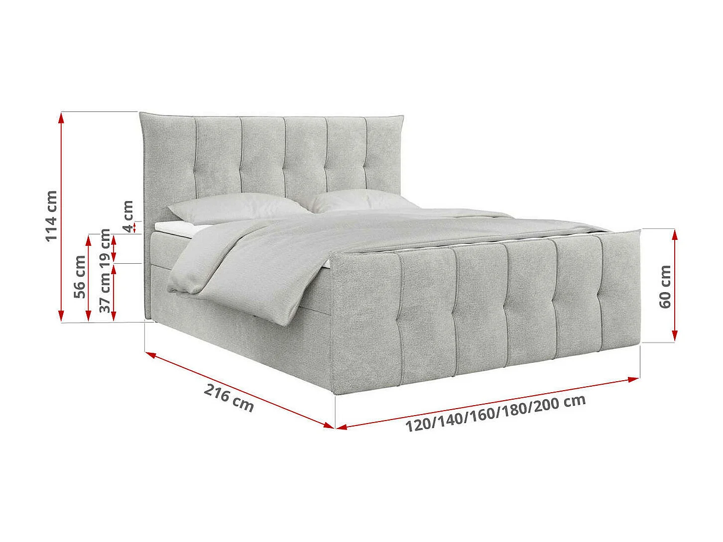 Boxspringbett PREMIUM 11 mit Stauraum, gestepptem Kopfteil, Multipocket-Matratze und Topper - 140x200 cm - H3 - Hellgrau Strukture
