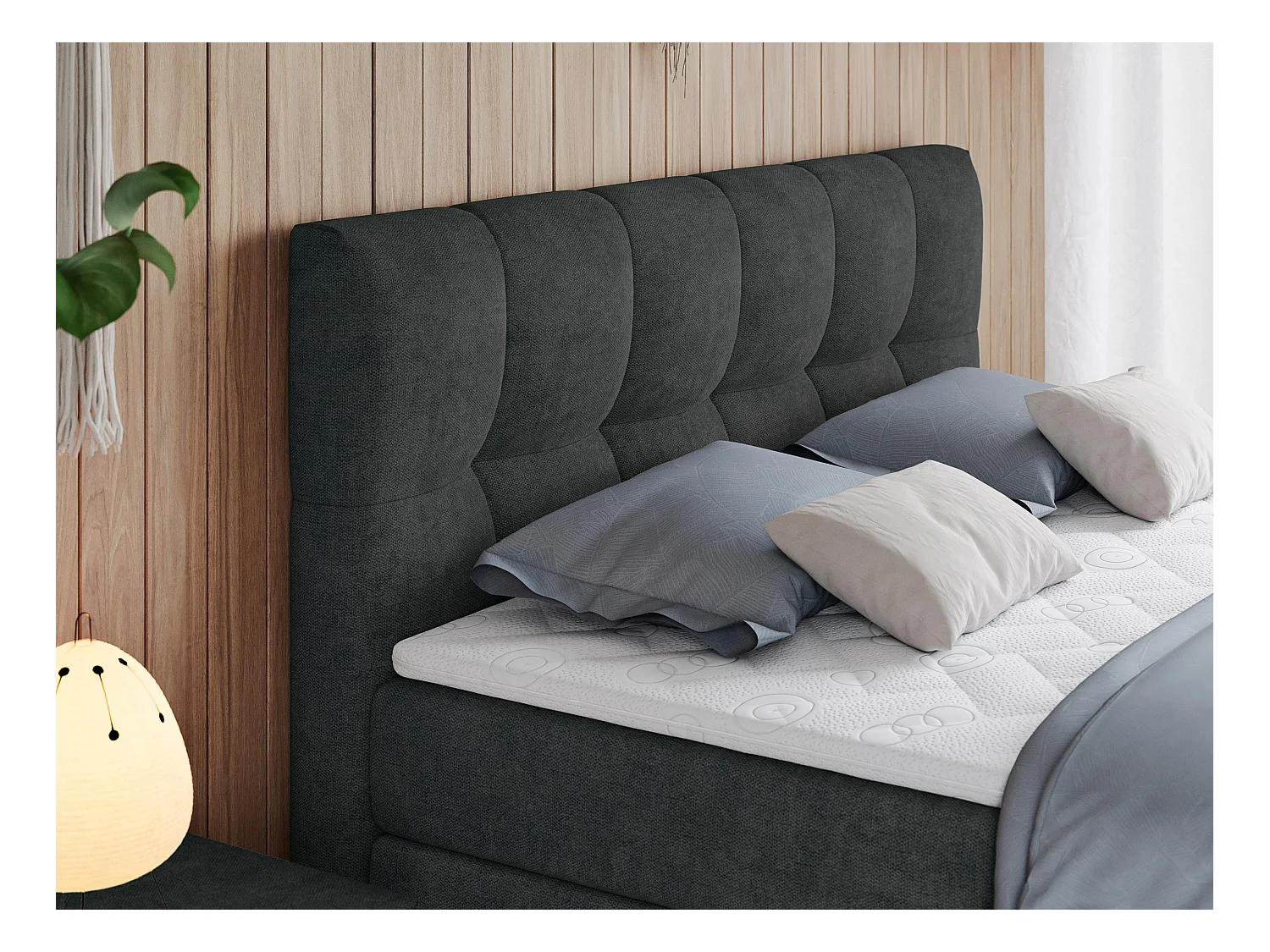 Boxspringbett ALVIN KING, mit zwei Multipocket-Matratzen, Bettkästen, genähtes Kopfteil - 160x200 cm - H3 - Dunkelgrau Strukture