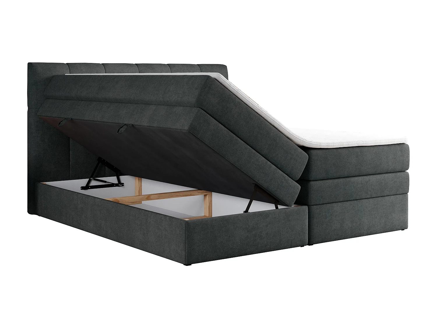 Boxspringbett ALVIN KING, mit zwei Multipocket-Matratzen, Bettkästen, genähtes Kopfteil - 160x200 cm - H3 - Dunkelgrau Strukture