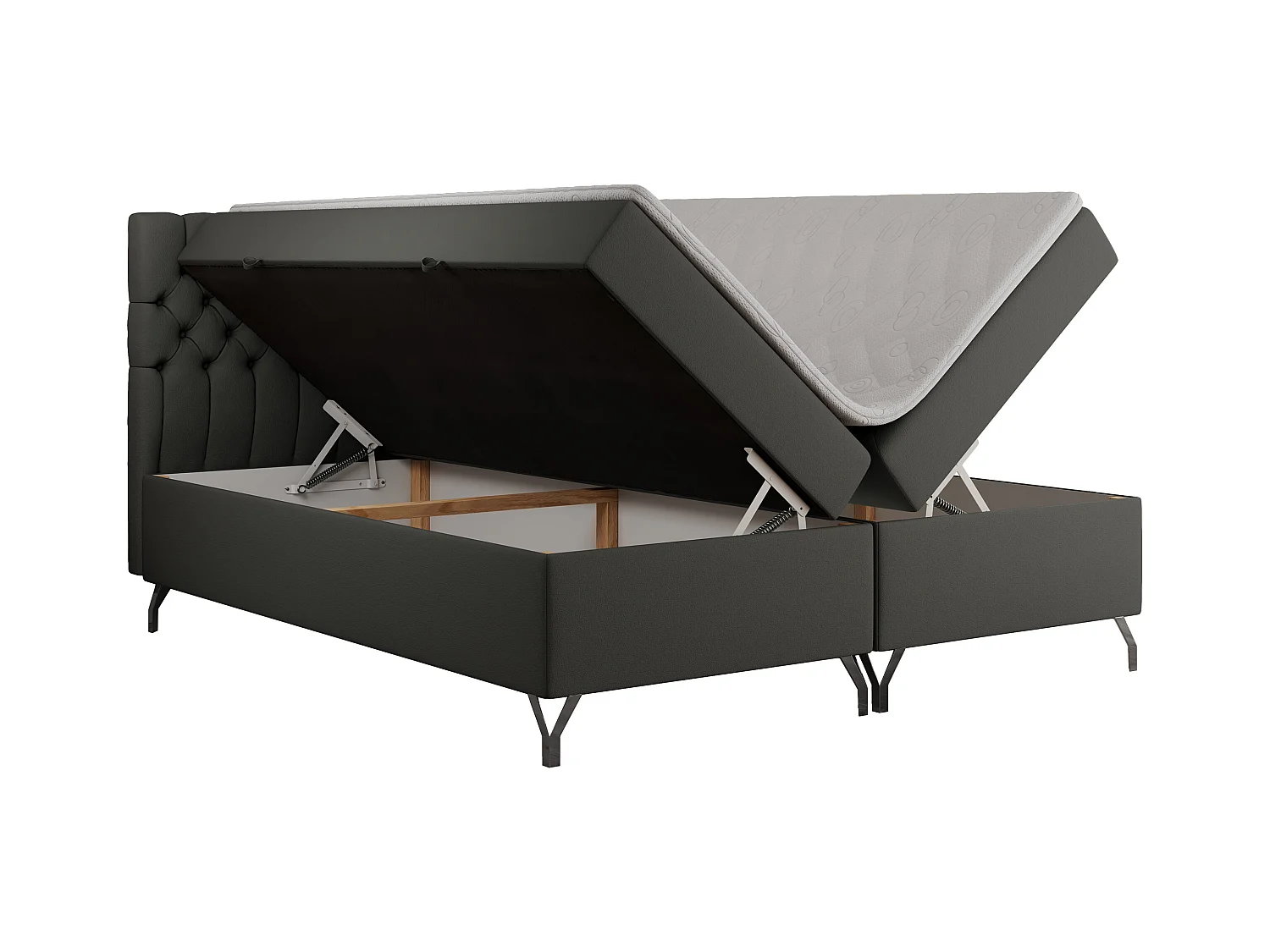 Boxspringbett GRIMALDI mit zwei Bettkästen, gesteppter Kopfstütze, Metallfüßen - 140x200 cm - H4 - Dunkelgrau Kunstleder