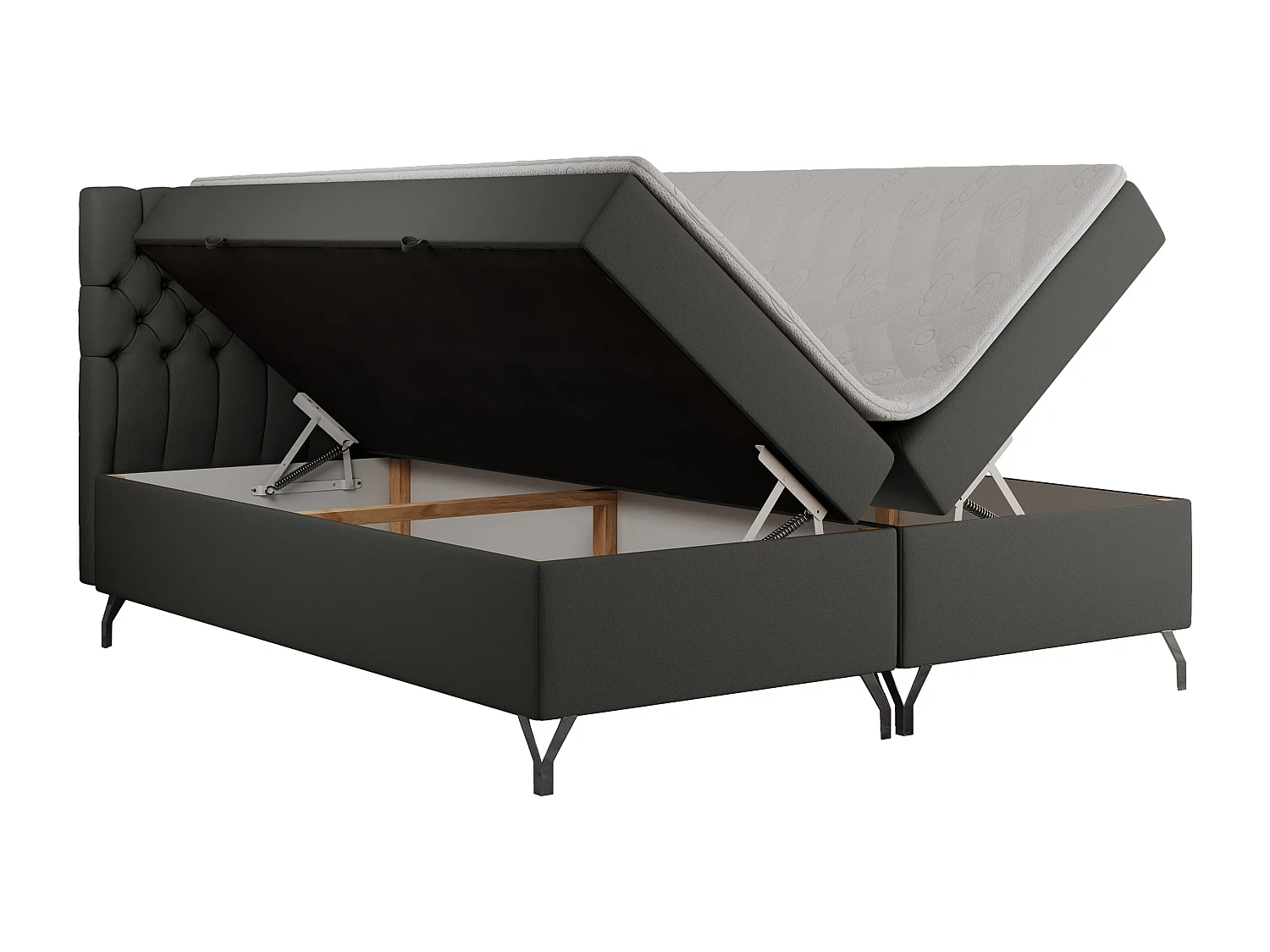 Boxspringbett GRIMALDI mit zwei Bettkästen, gesteppter Kopfstütze, Metallfüßen - 140x200 cm - H4 - Dunkelgrau Kunstleder