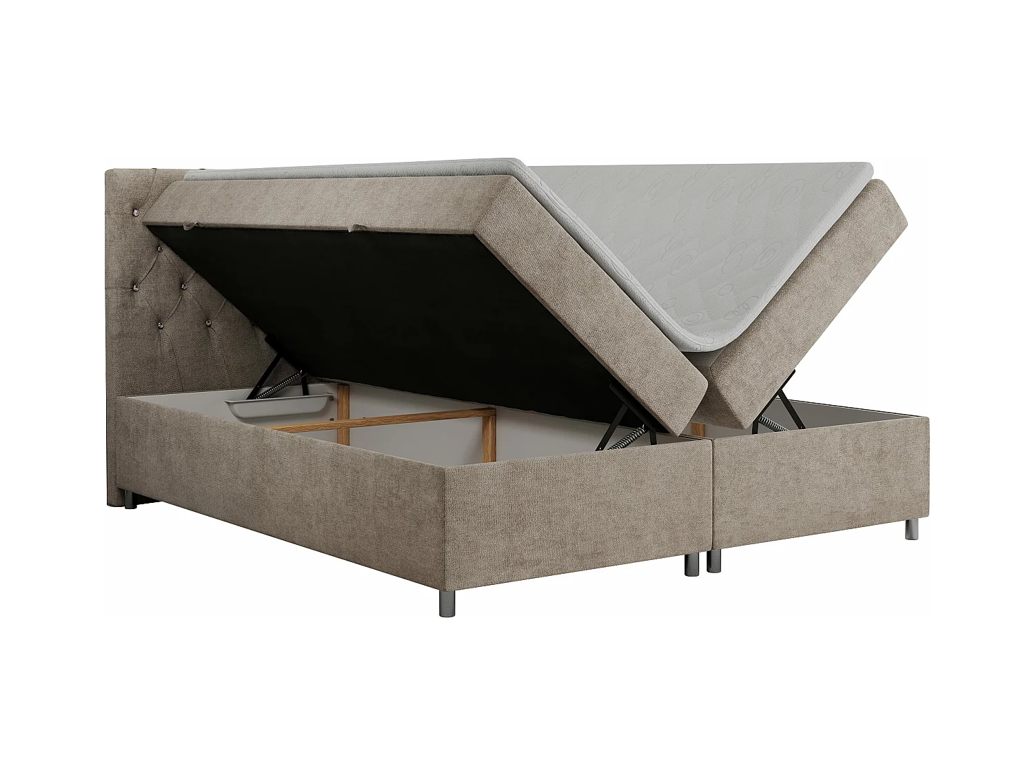 Boxspringbett ROMA mit gestepptem Kopfteil, Multipocket-Matratze, dekorative Füße - 180x200 cm - H4 - Beige Strukture