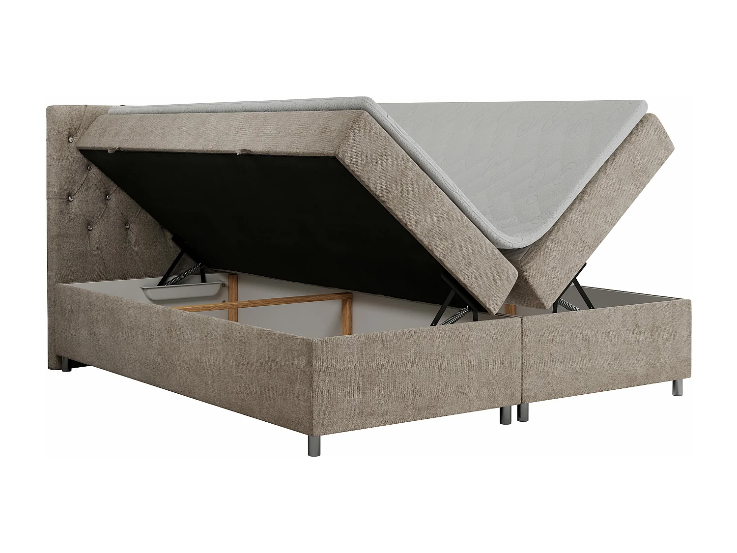Boxspringbett ROMA mit gestepptem Kopfteil, Multipocket-Matratze, dekorative Füße - 180x200 cm - H4 - Beige Strukture