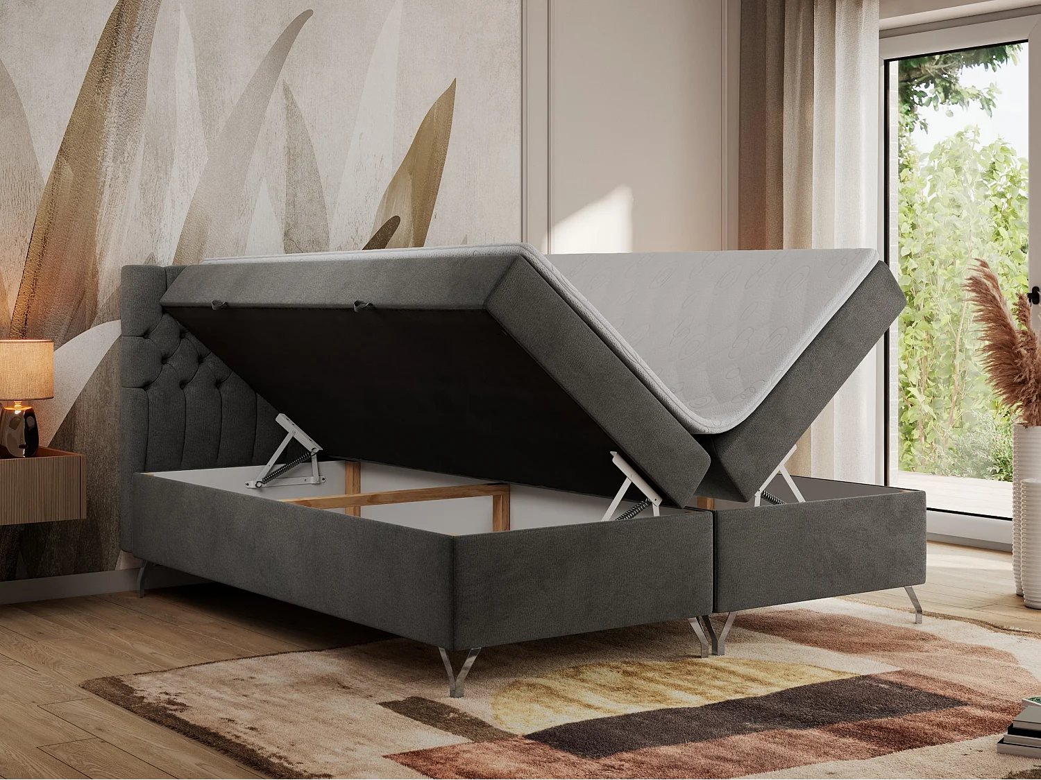 Boxspringbett GRIMALDI mit zwei Bettkästen, gesteppter Kopfstütze, Metallfüßen - 160x200 cm - H4 - Dunkelgrau Velvet