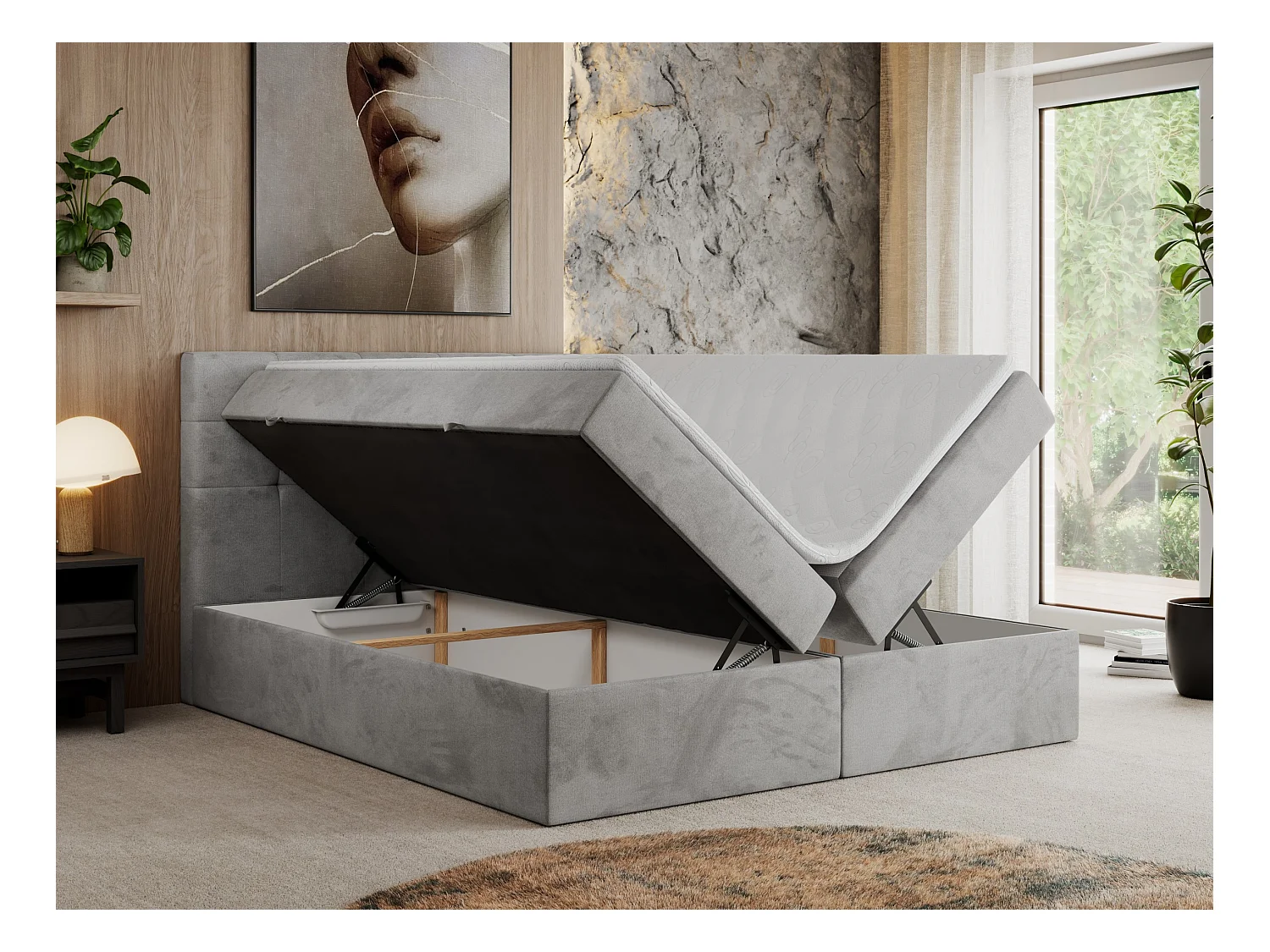 Boxspringbett CENTOS mit gestepptem Kopfteil, Multipocket-Matratze, Doppelbett mit Stauraum - 160x200 cm - H3 - Hellgrau Velvet