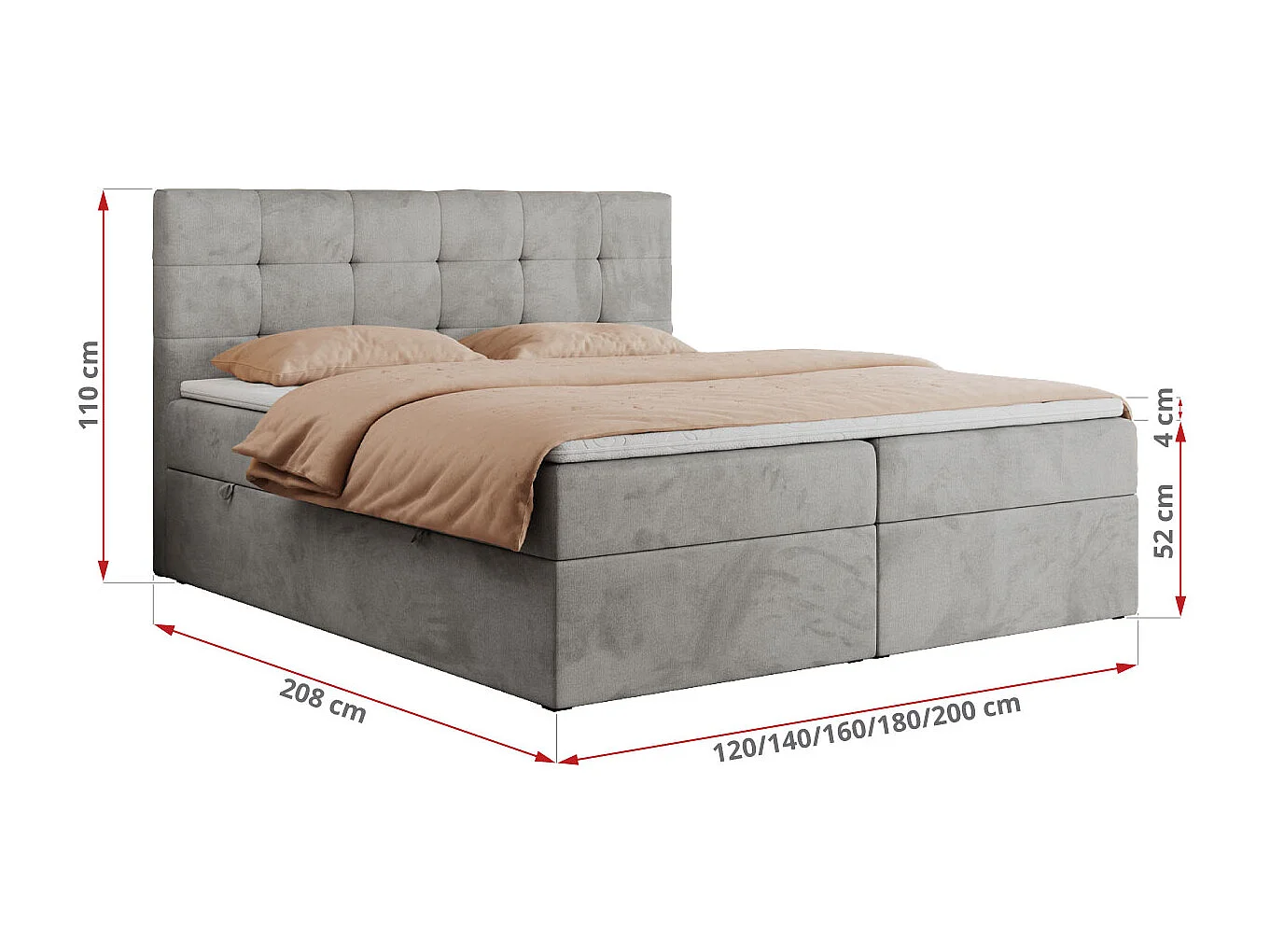 Boxspringbett CENTOS mit gestepptem Kopfteil, Multipocket-Matratze, Doppelbett mit Stauraum - 160x200 cm - H3 - Hellgrau Velvet
