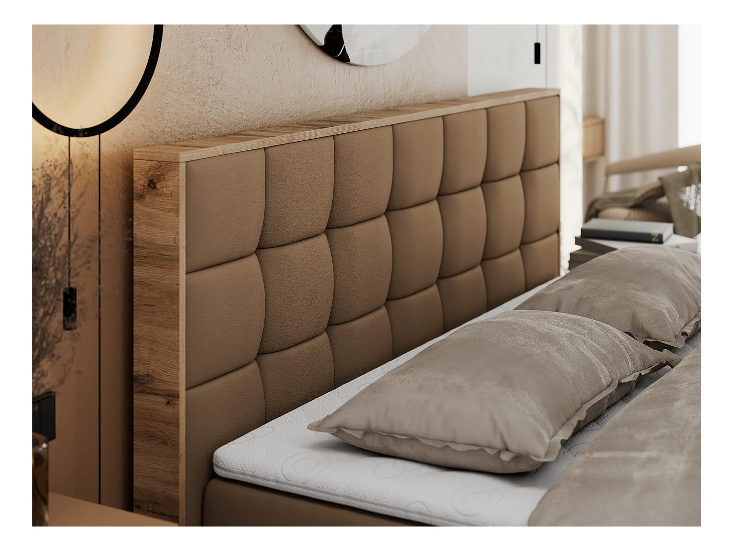 Boxspringbett ALBERO 1, Polsterbett mit gestepptem Kopfteil, Multipocket-Matratze - 180x200 cm - H4 - Braun Kunstleder