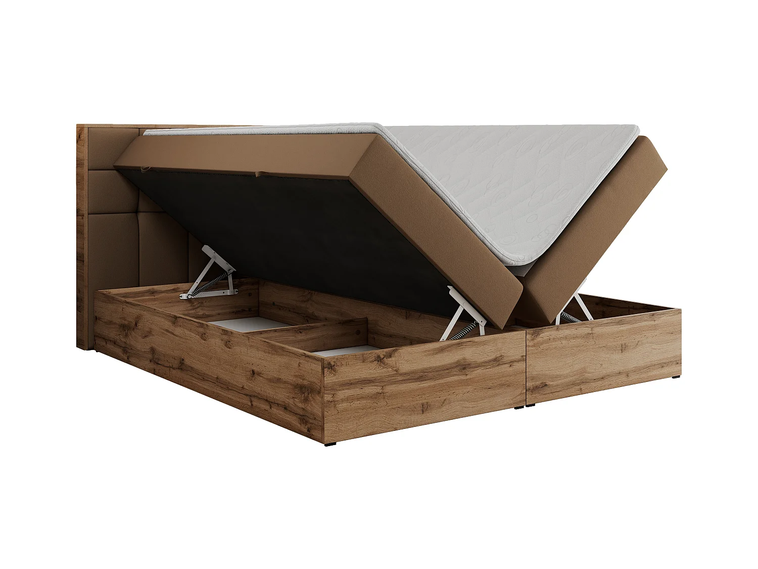 Boxspringbett ALBERO 1, Polsterbett mit gestepptem Kopfteil, Multipocket-Matratze - 180x200 cm - H4 - Braun Kunstleder