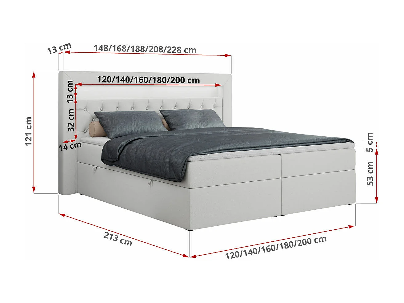 Boxspringbett GOLD 6, Doppelbett mit Stauraum, LED-Beleuchtung, gesteppte Kopfstütze - 140x200 cm - H4 - Weiß Kunstleder