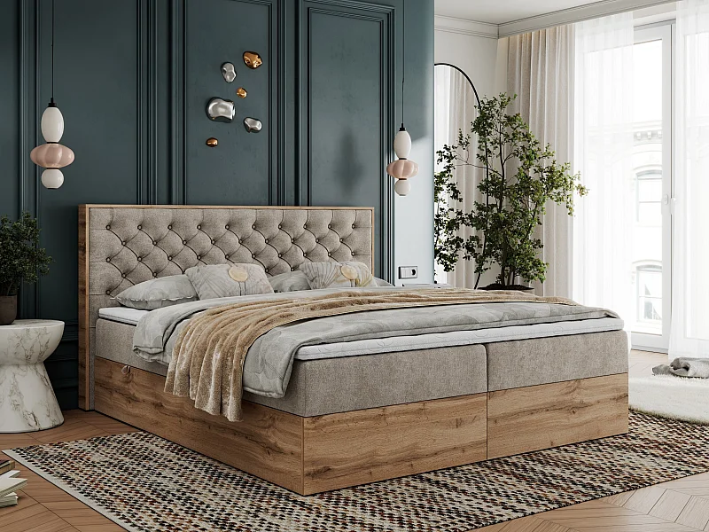 Boxspringbett ALBERO 3 - gesteppte Kopfstütze, Eiche Wotan Holzrahmen, Stauraum - 140x200 cm - H3 - Beige Strukture