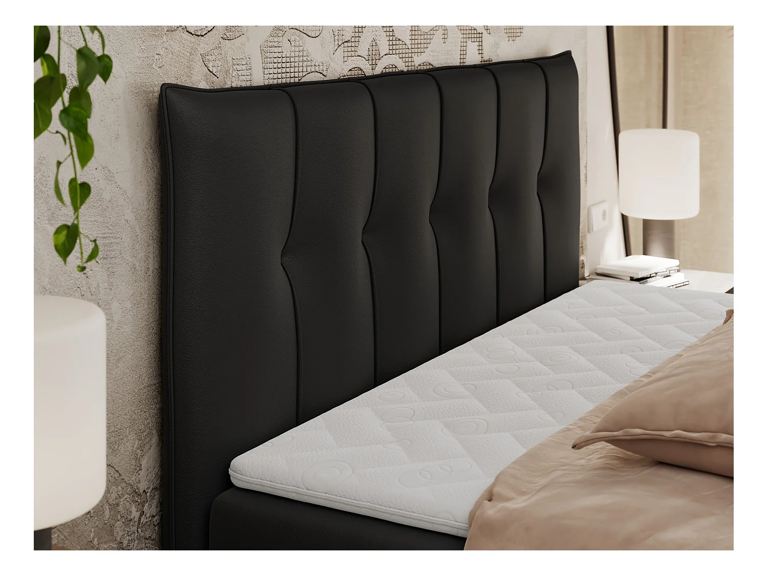 Boxspringbett PREMIUM 10 mit Multipocket-Matratze, gesteppte Kopfstütze, zwei Bettkästen - 160x200 cm - H3 - Schwarz Kunstleder