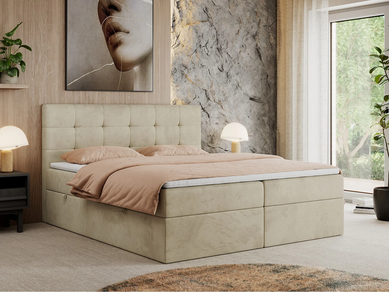 Boxspringbett CENTOS mit gestepptem Kopfteil, Multipocket-Matratze, Doppelbett mit Stauraum - 200x200 cm - H4 - Beige Velvet