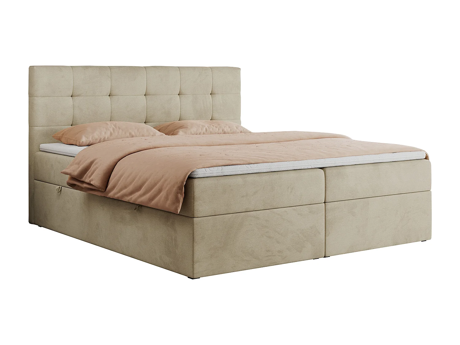 Boxspringbett CENTOS mit gestepptem Kopfteil, Multipocket-Matratze, Doppelbett mit Stauraum - 200x200 cm - H4 - Beige Velvet