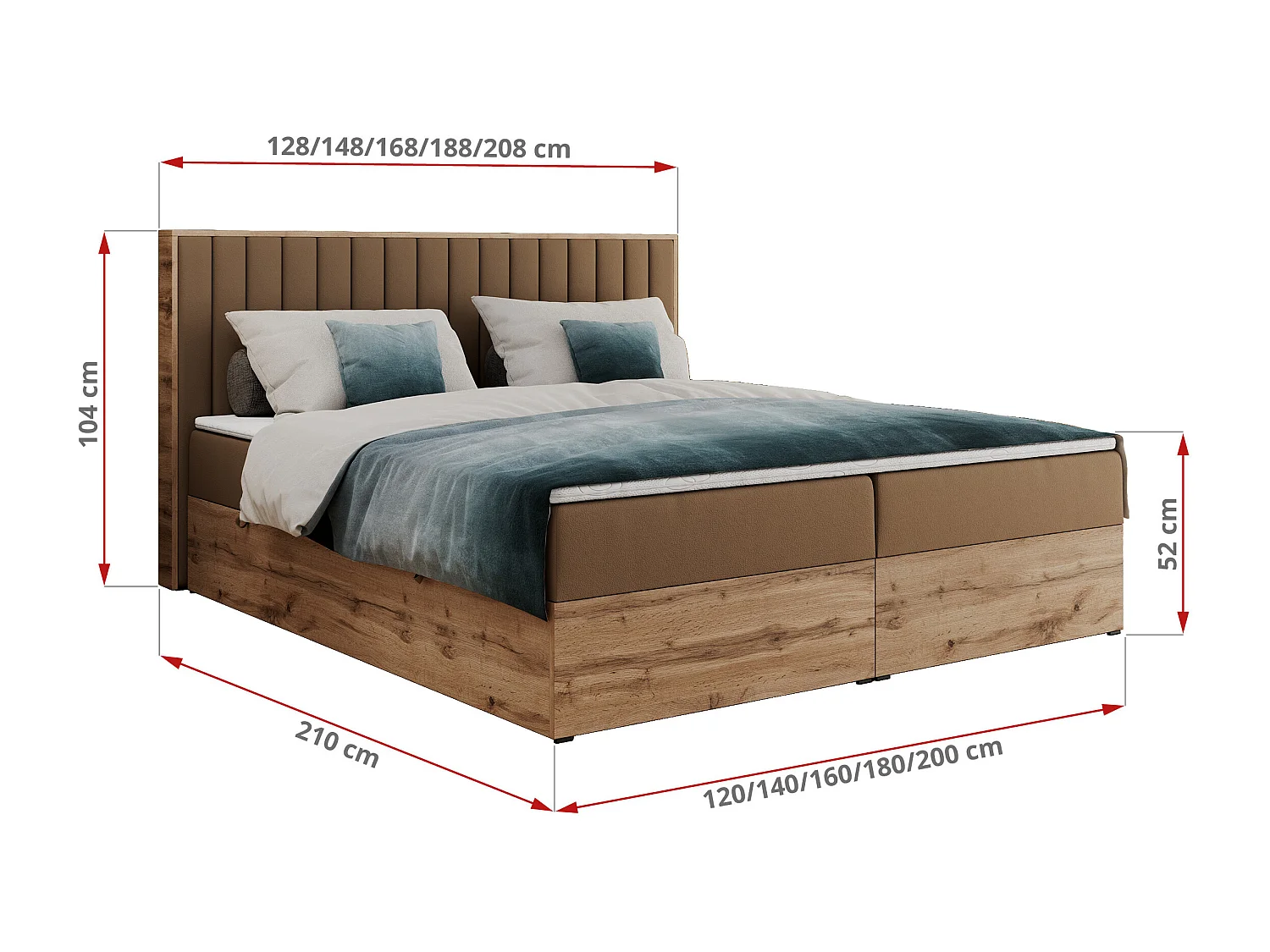 Boxspringbett ALBERO 4, Eiche Wotan Holzrahmen, mit Stauraum, genähtes Kopfteil - 160x200 cm - H4 - Braun Kunstleder