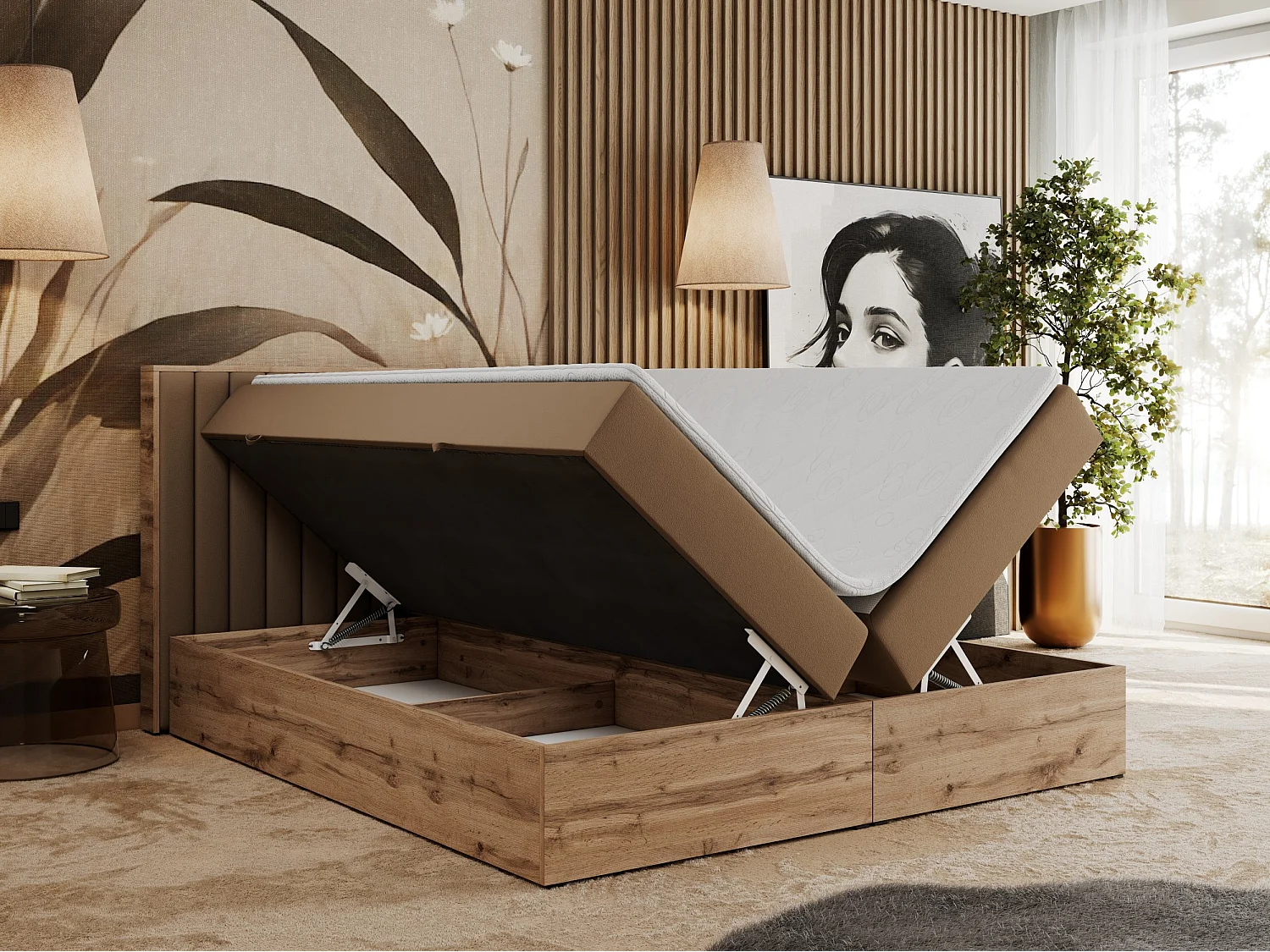 Boxspringbett ALBERO 4, Eiche Wotan Holzrahmen, mit Stauraum, genähtes Kopfteil - 160x200 cm - H4 - Braun Kunstleder