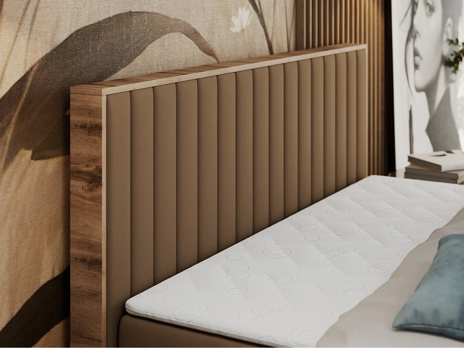 Boxspringbett ALBERO 4, Eiche Wotan Holzrahmen, mit Stauraum, genähtes Kopfteil - 160x200 cm - H4 - Braun Kunstleder