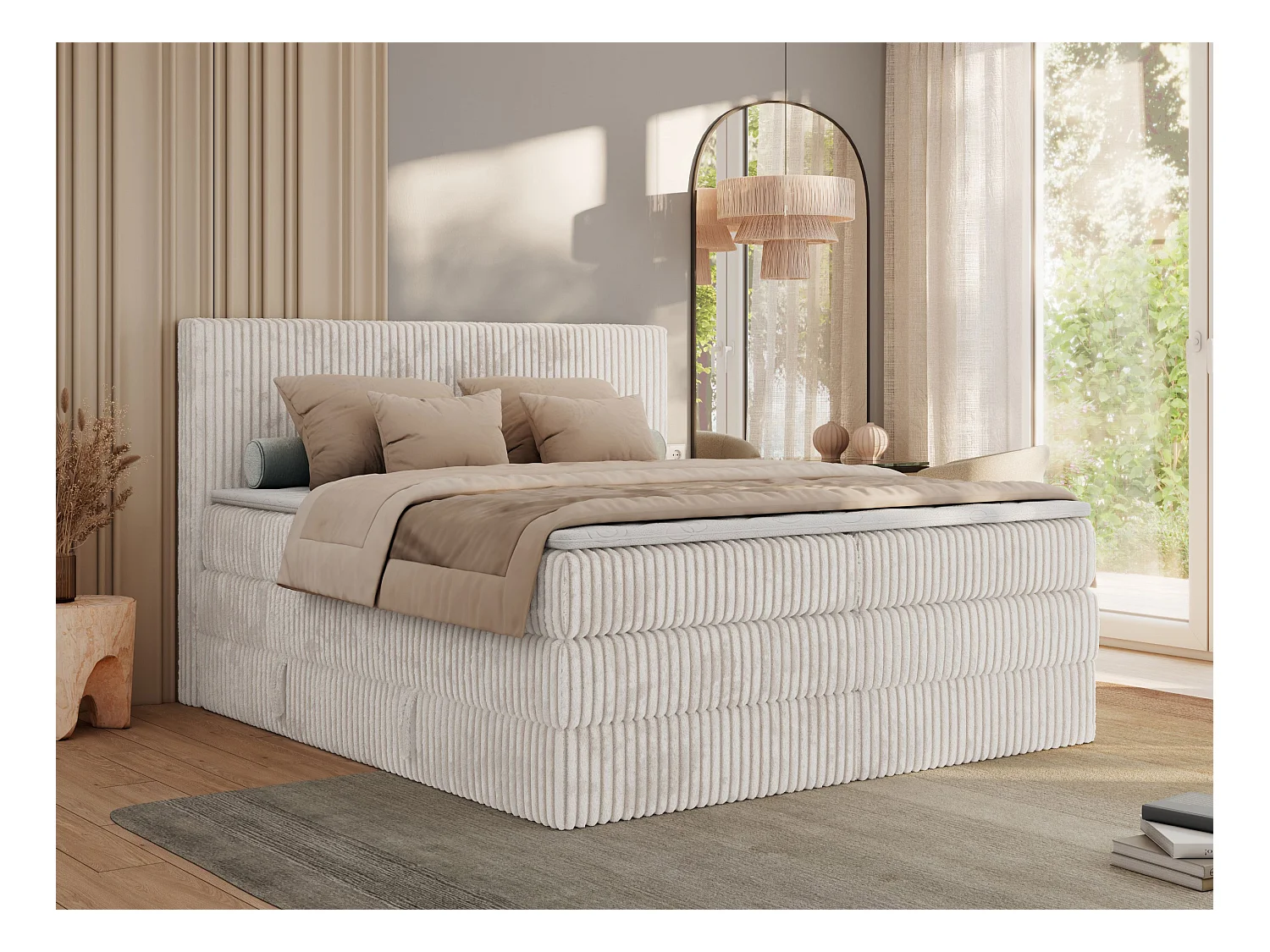 Boxspringbett TILIANO KING, Multipocket-Matratze, Cord Bett, Kopfteil und zwei Bettkästen - 160x200 cm - H4 - Beige Cord