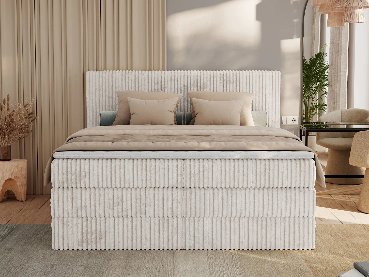 Boxspringbett TILIANO KING, Multipocket-Matratze, Cord Bett, Kopfteil und zwei Bettkästen - 160x200 cm - H4 - Beige Cord