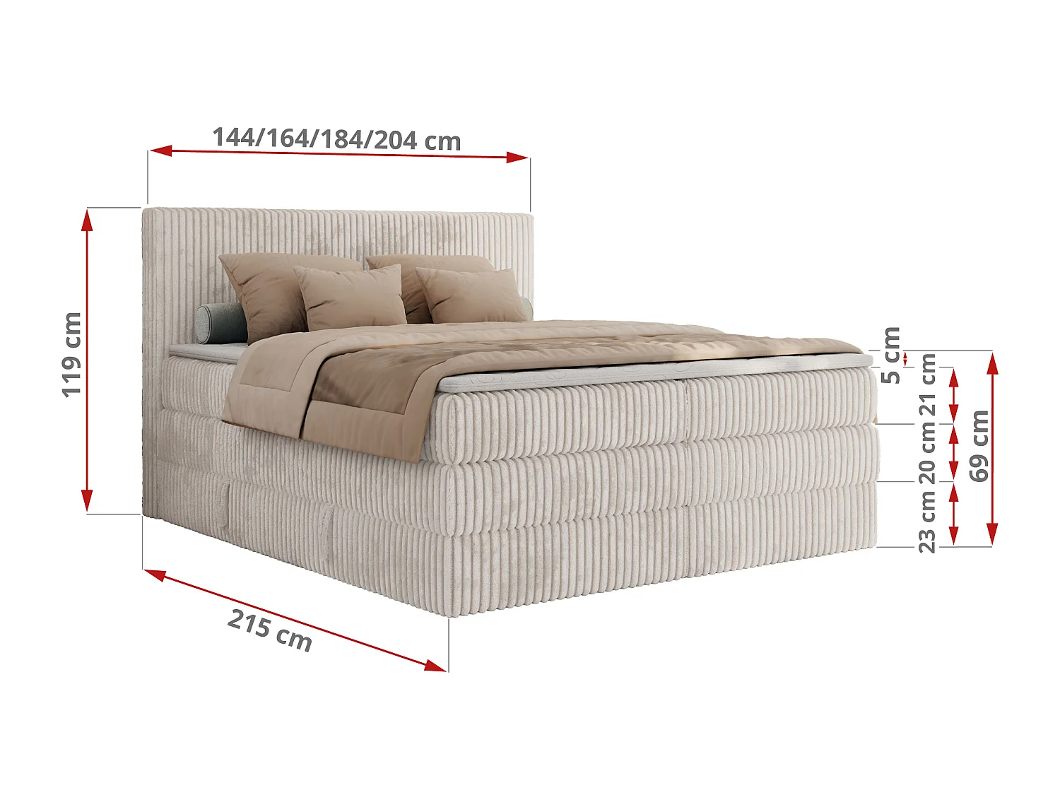 Boxspringbed met hoofdbord H4 + Topper T25 - Beige Ribstof - 160x200 - TILIANO KING