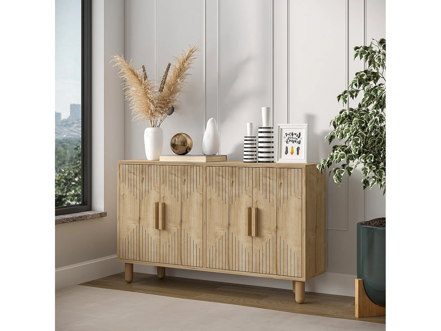 Aparador em painel de partículas revestido a melamina – 120 x 73,6 x 29,6 cm – Carvalho Saphire