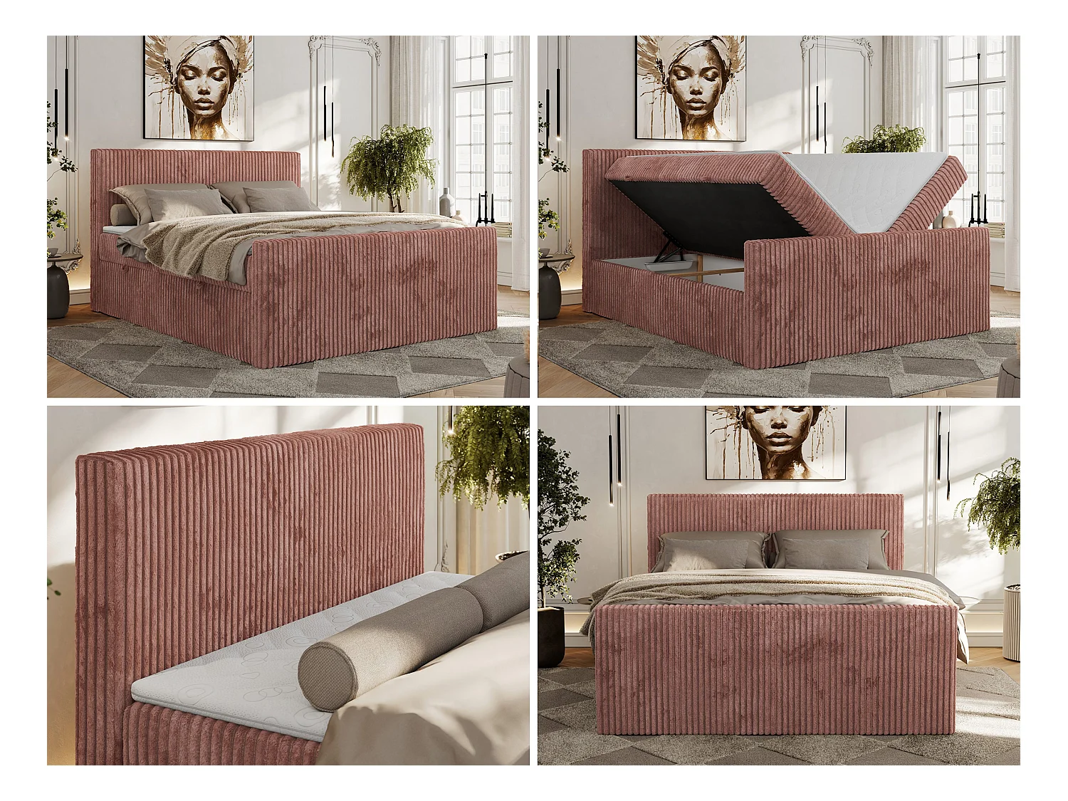 Boxspringbett TILIANO DUO mit gepolstertem Fußteil, Cord Bett, Multipocket-Matratze - 180x200 cm - H4 - Rosa Cord
