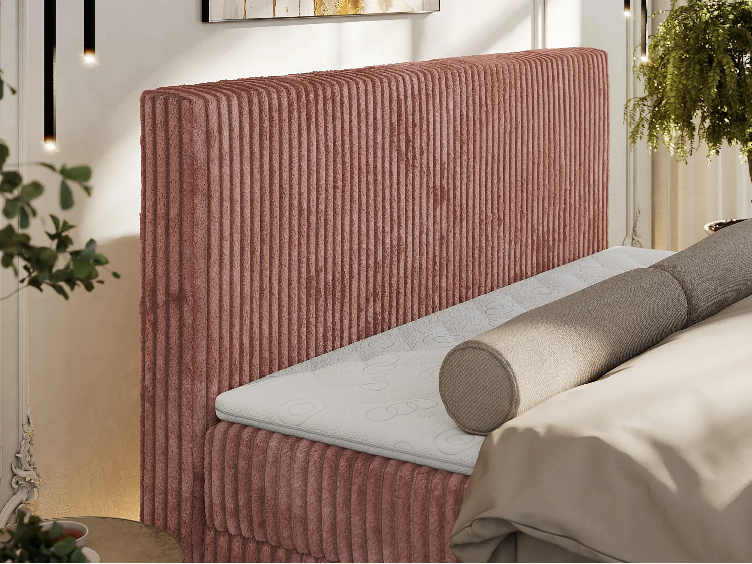 Boxspringbett TILIANO DUO mit gepolstertem Fußteil, Cord Bett, Multipocket-Matratze - 180x200 cm - H4 - Rosa Cord