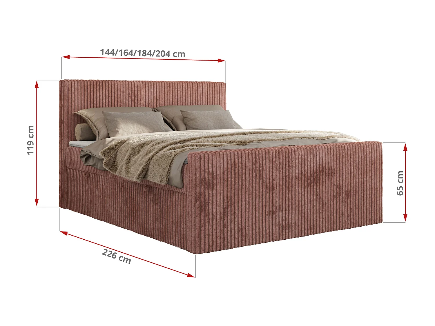Boxspringbett TILIANO DUO mit gepolstertem Fußteil, Cord Bett, Multipocket-Matratze - 180x200 cm - H4 - Rosa Cord